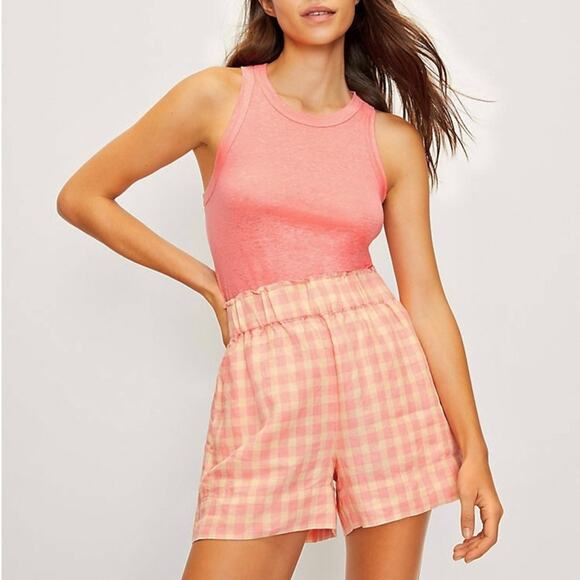 Lou & Grey Gingham pink/beige 100% Linen pull on high rise shorts size small - Picture 1 of 16